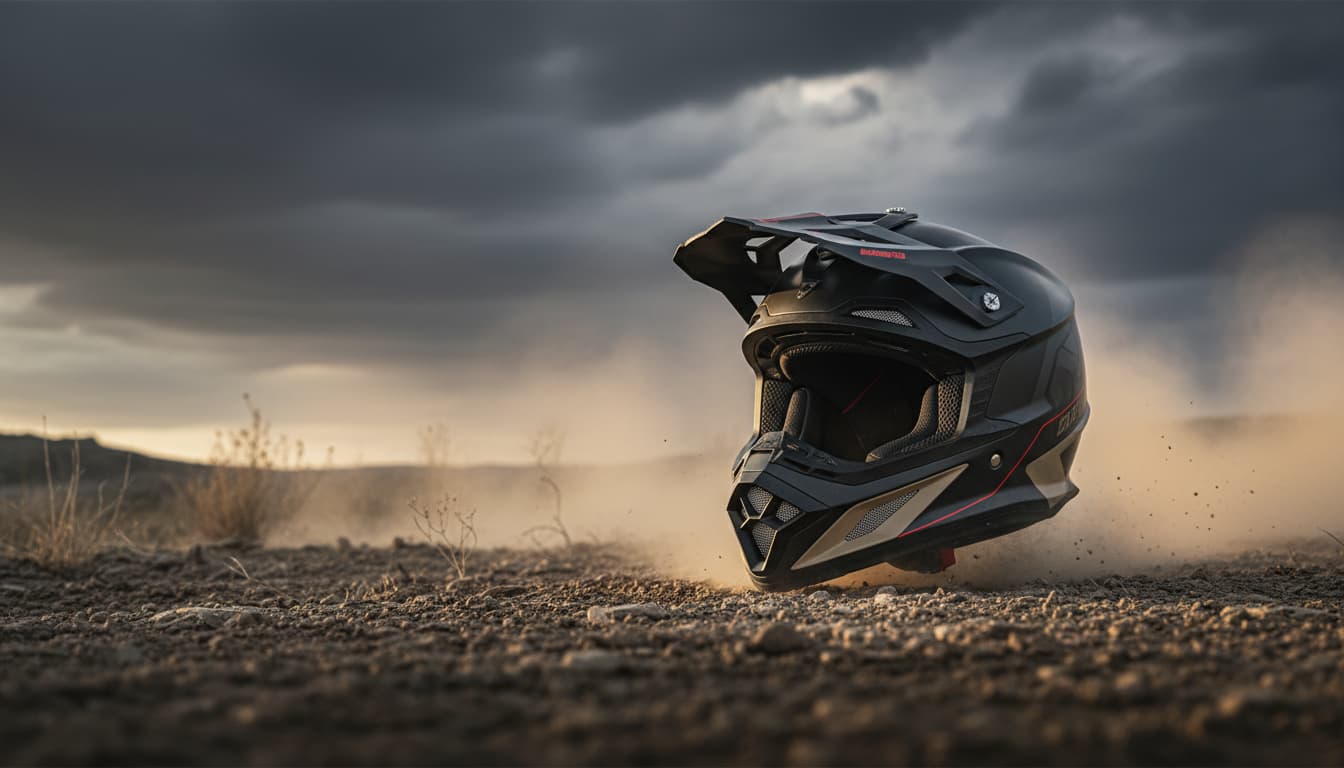 Casco cross en pista de tierra con ambiente técnico