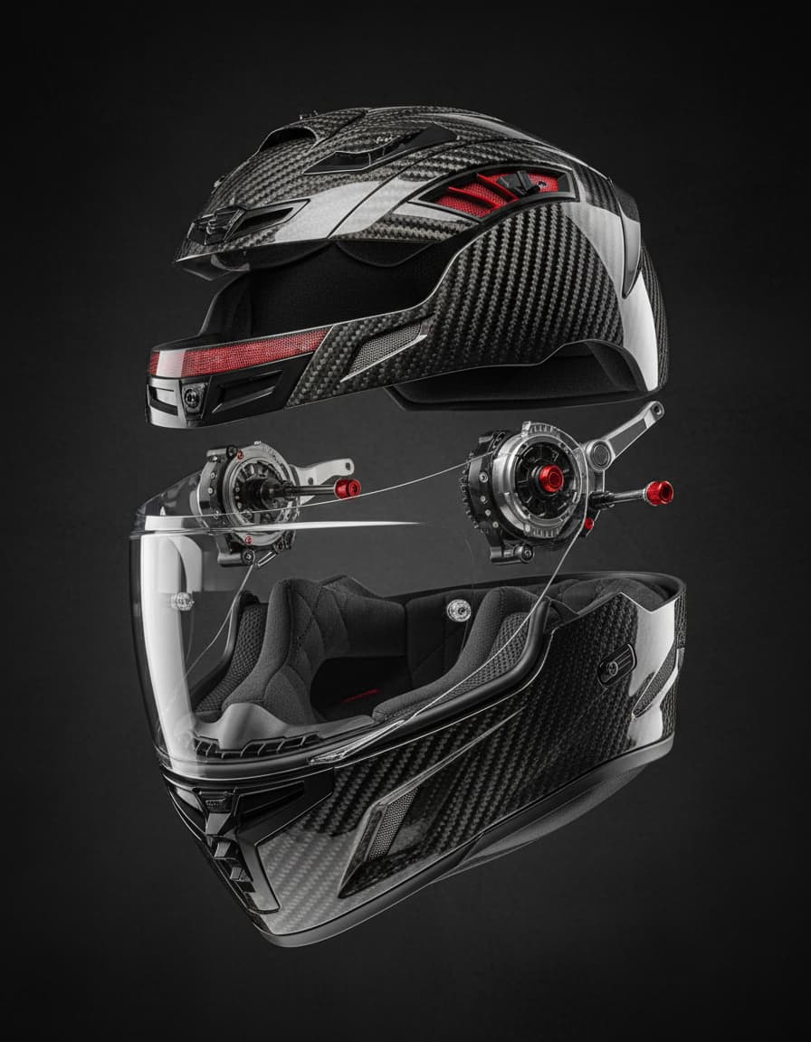 Vista técnica de casco de moto