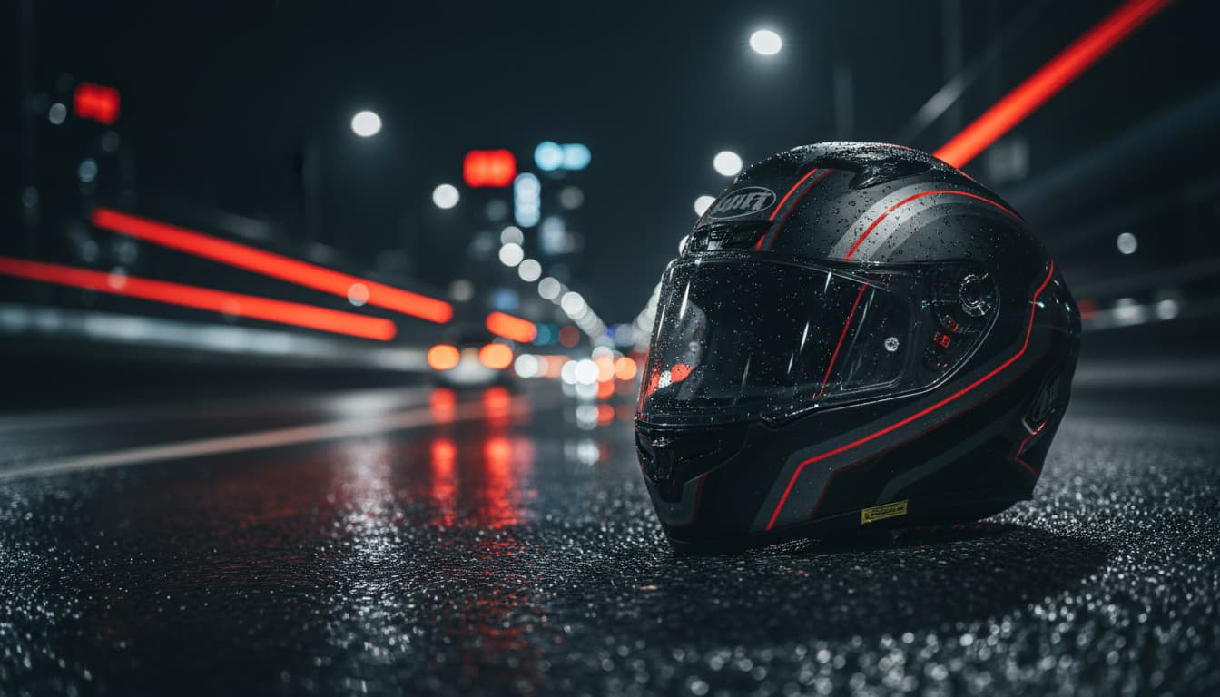 Casco integral en escena nocturna urbana