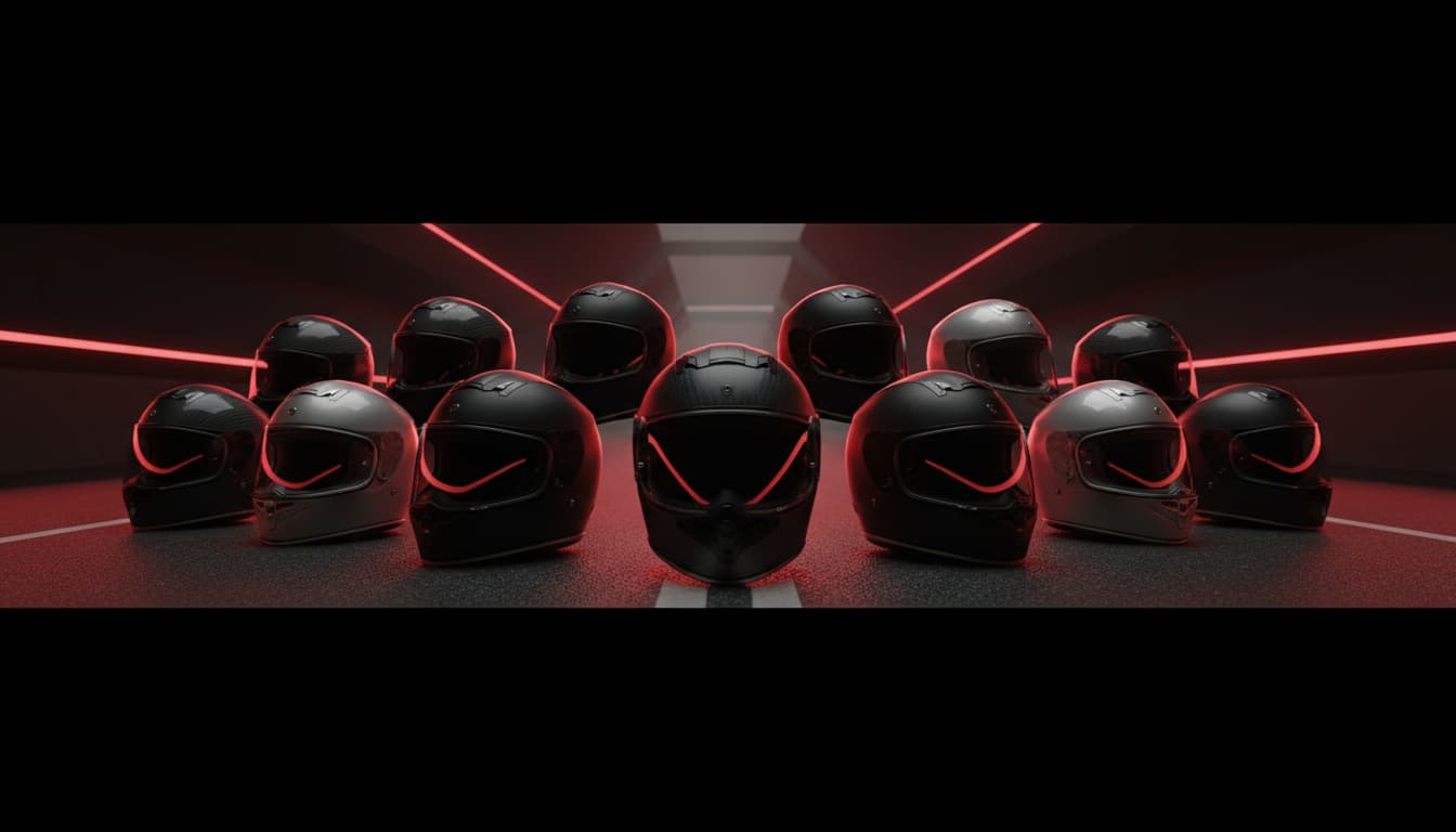 Colección de cascos de moto en entorno nocturno