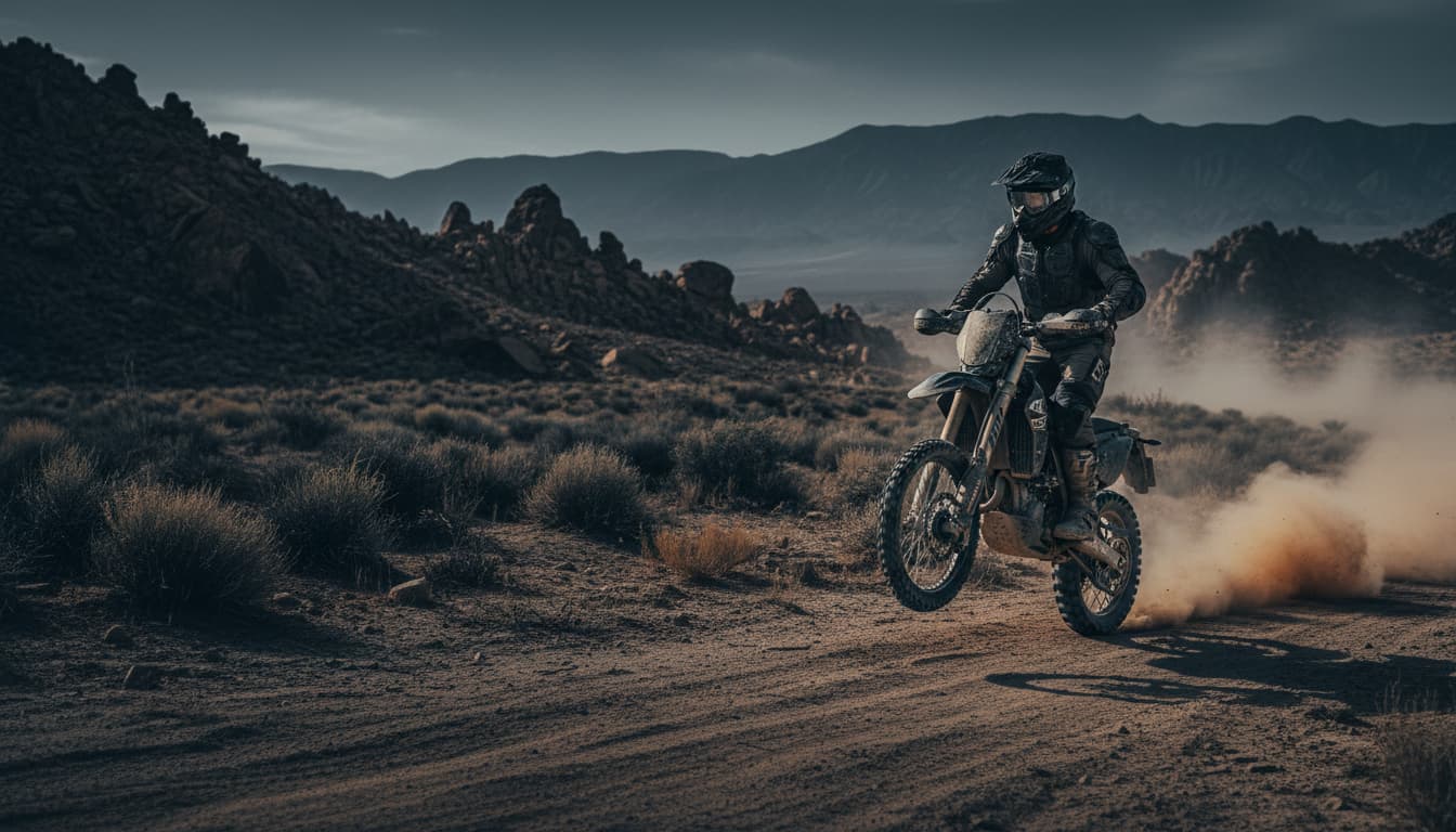 Casco off-road con polvo y terreno abierto